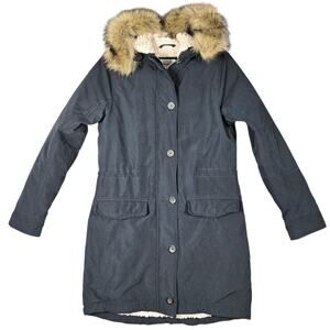 Abercrombie Fitch Womens M Navy Parka Coat Faux Fur Hood Sherpa Lined Jacket